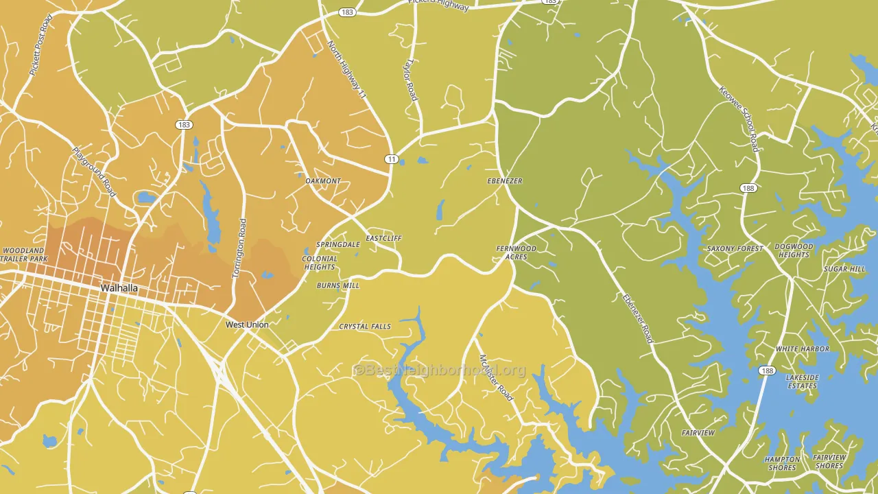 Map of the best neighborhoods in the 29696 area, with better matches in green and worse matches in red