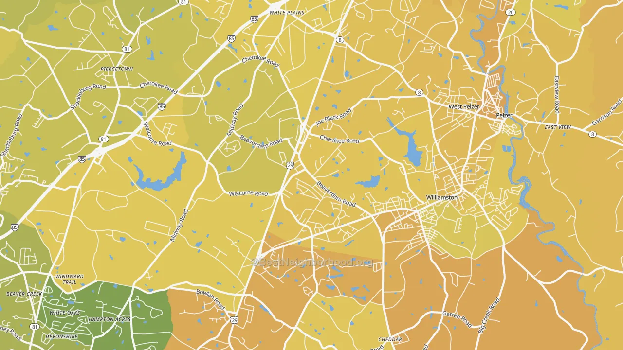 Map of the best neighborhoods in the 29697 area, with better matches in green and worse matches in red