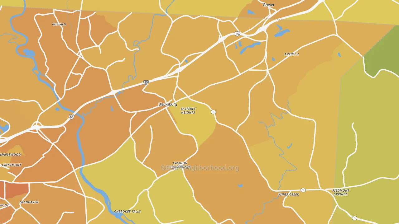 Map of the best neighborhoods in the 29702 area, with better matches in green and worse matches in red
