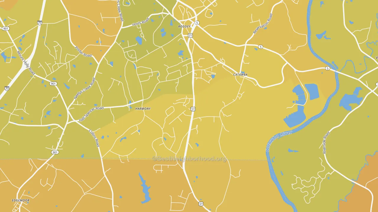 Map of the best neighborhoods in the 29704 area, with better matches in green and worse matches in red