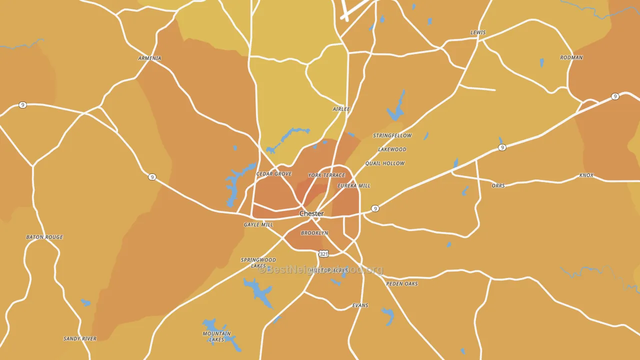 Map of the best neighborhoods in the 29706 area, with better matches in green and worse matches in red