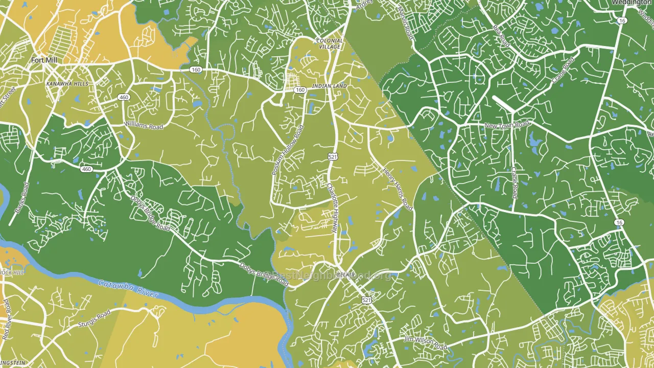 Map of the best neighborhoods in the 29707 area, with better matches in green and worse matches in red