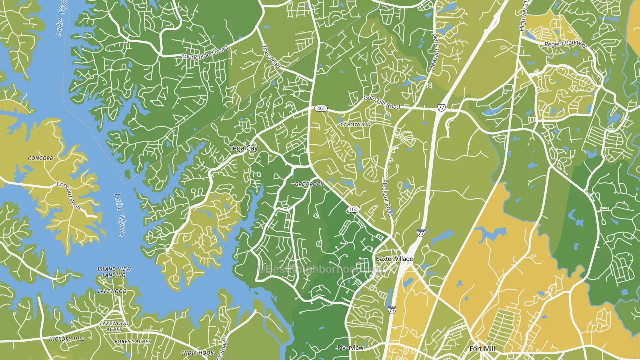 Map of the best neighborhoods in the 29708 area, with better matches in green and worse matches in red