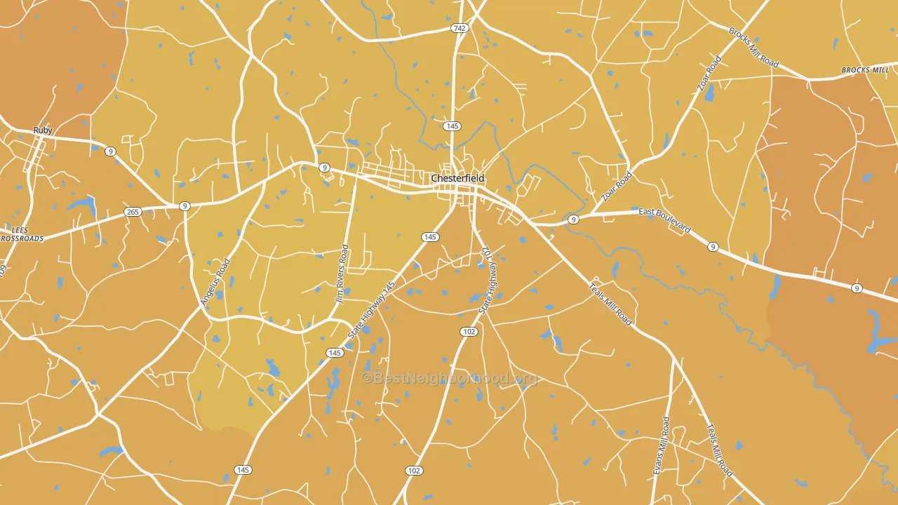 Map of the best neighborhoods in the 29709 area, with better matches in green and worse matches in red