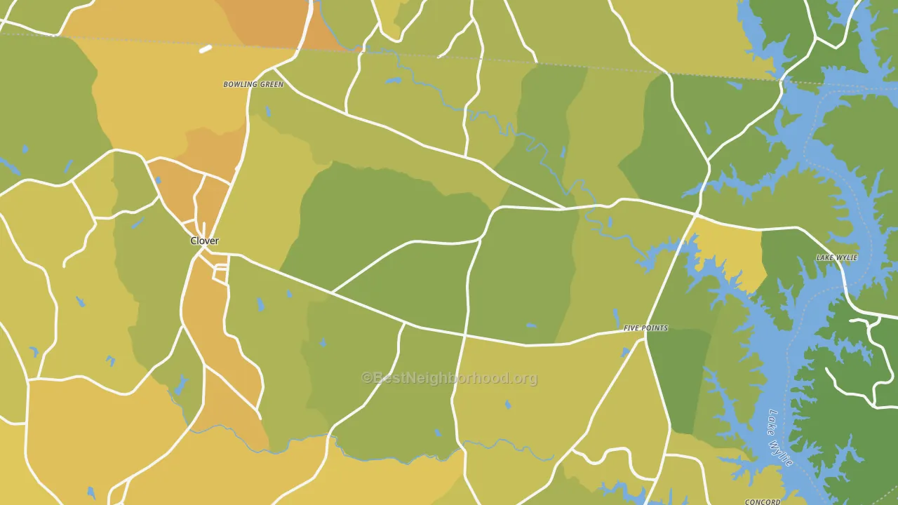 Map of the best neighborhoods in the 29710 area, with better matches in green and worse matches in red