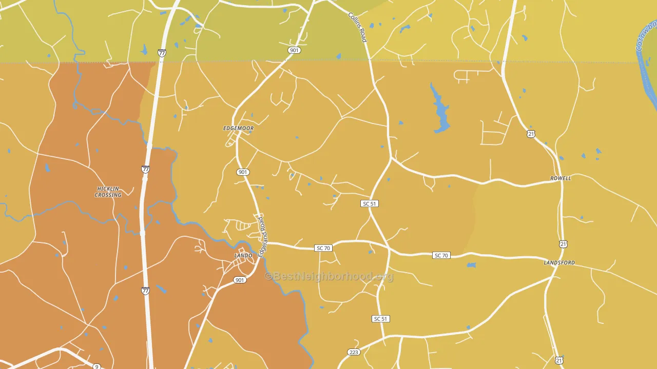 Map of the best neighborhoods in the 29712 area, with better matches in green and worse matches in red