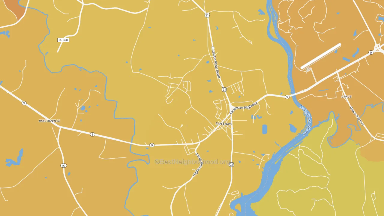 Map of the best neighborhoods in the 29714 area, with better matches in green and worse matches in red