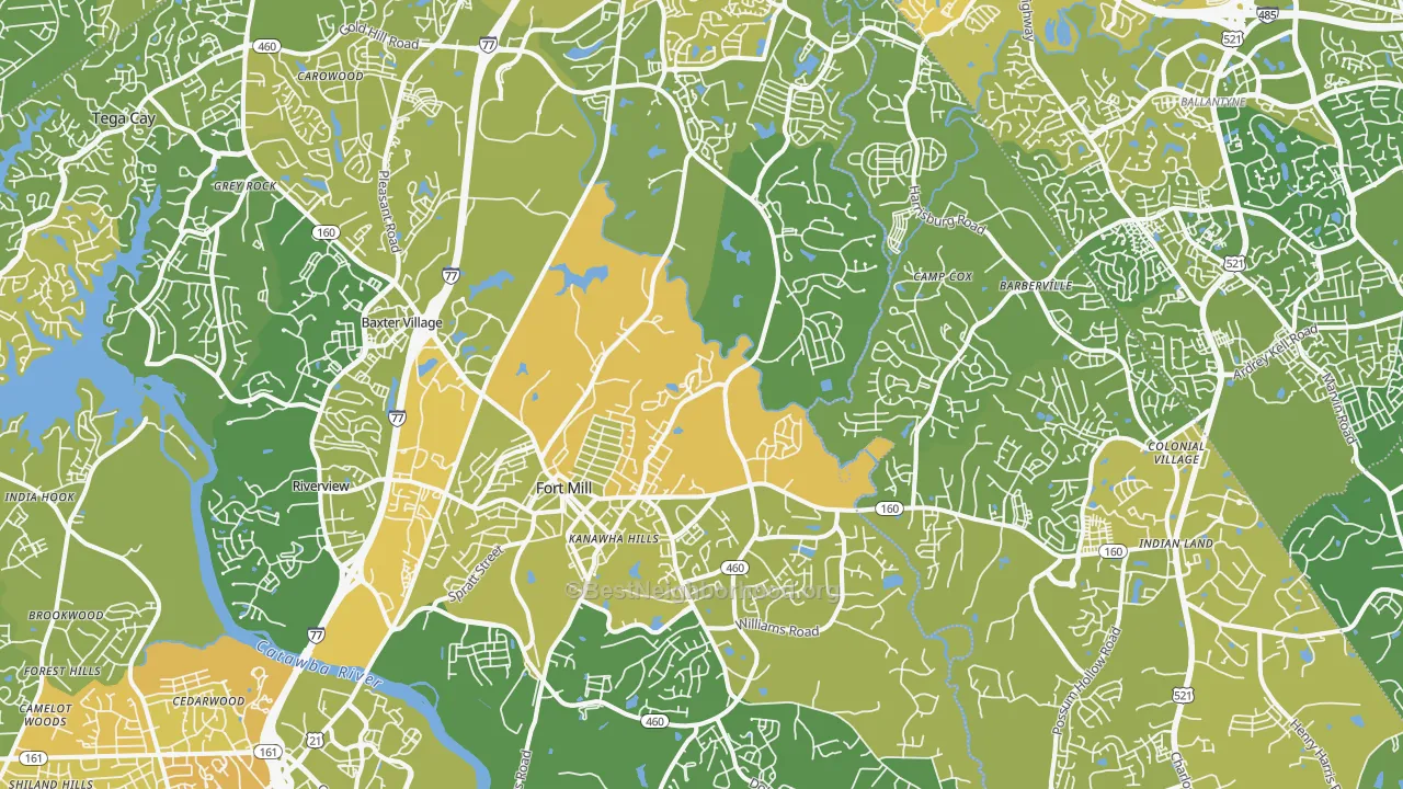 Map of the best neighborhoods in the 29715 area, with better matches in green and worse matches in red