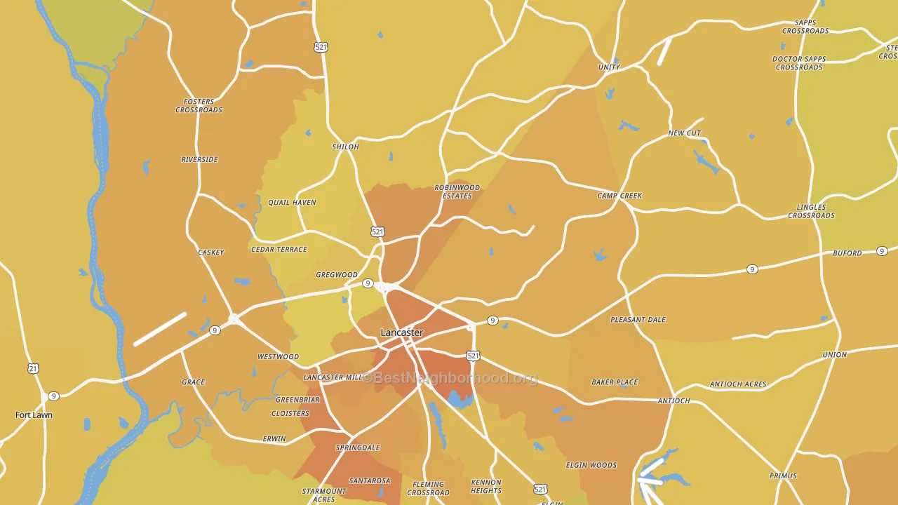 Map of the best neighborhoods in the 29720 area, with better matches in green and worse matches in red