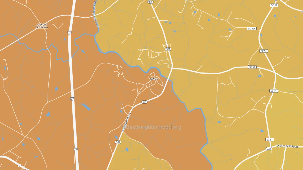 Map of the best neighborhoods in the 29724 area, with better matches in green and worse matches in red