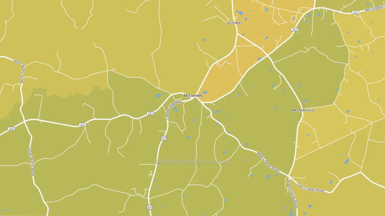 Map of the best neighborhoods in the 29726 area, with better matches in green and worse matches in red