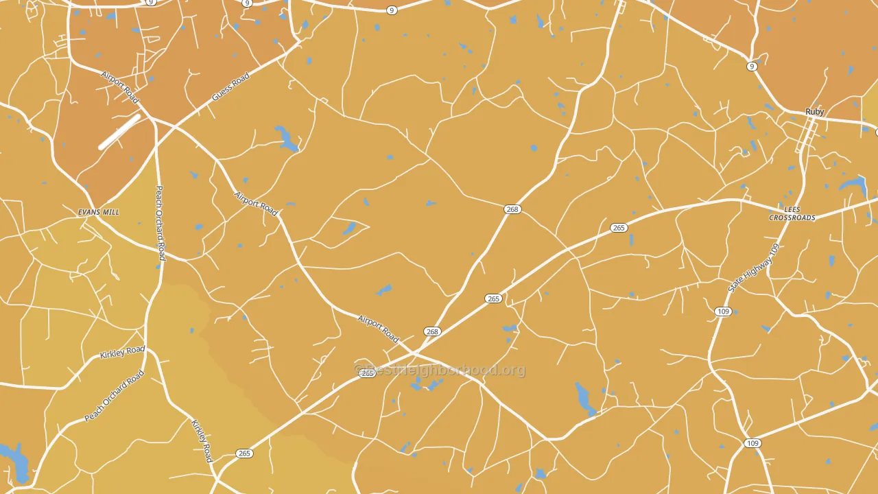 Map of the best neighborhoods in the 29727 area, with better matches in green and worse matches in red