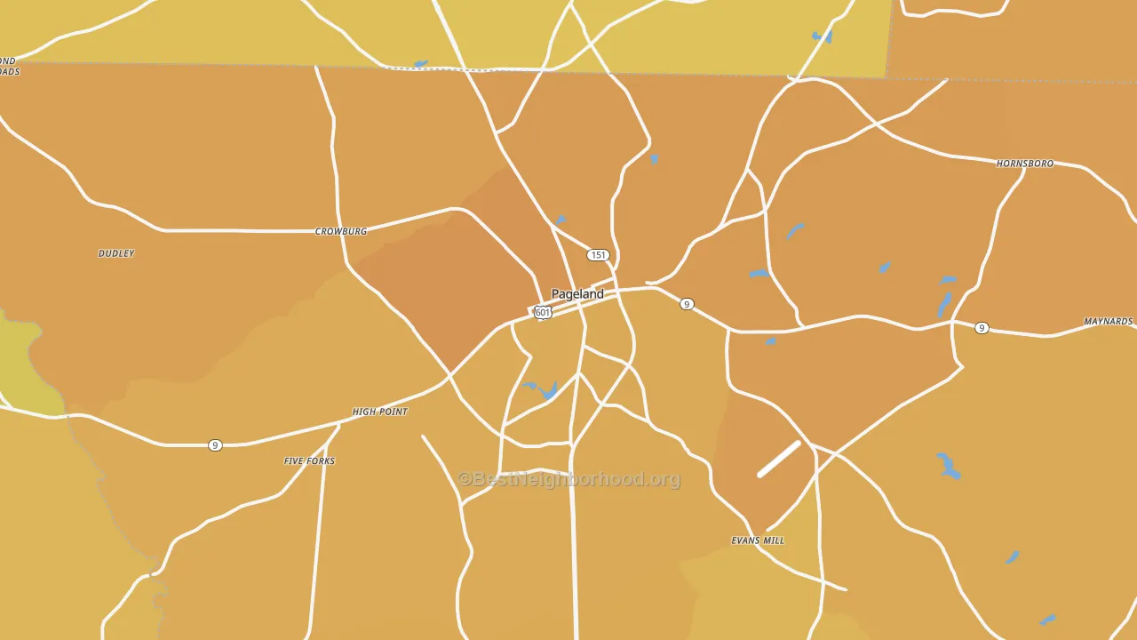 Map of the best neighborhoods in the 29728 area, with better matches in green and worse matches in red