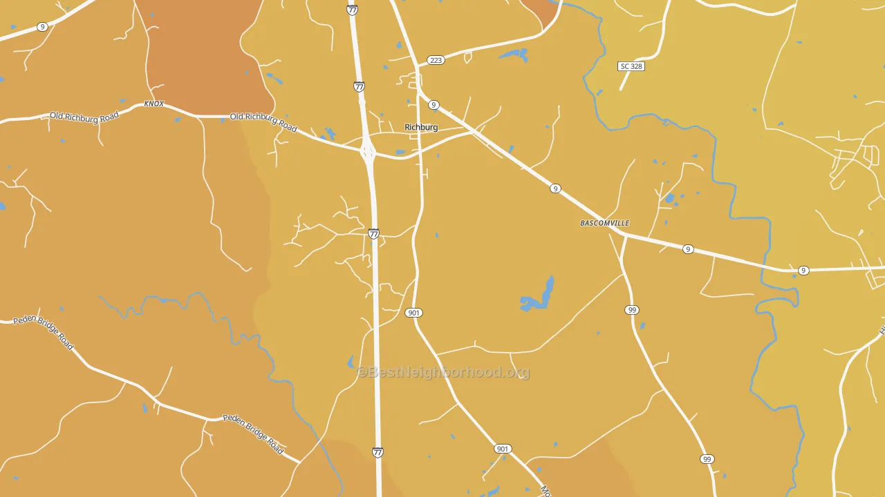 Map of the best neighborhoods in the 29729 area, with better matches in green and worse matches in red