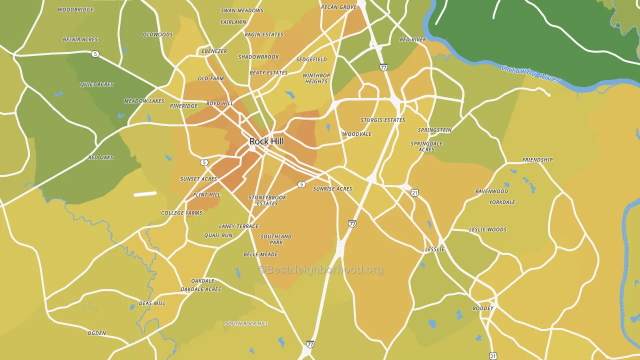 Map of the best neighborhoods in the 29730 area, with better matches in green and worse matches in red