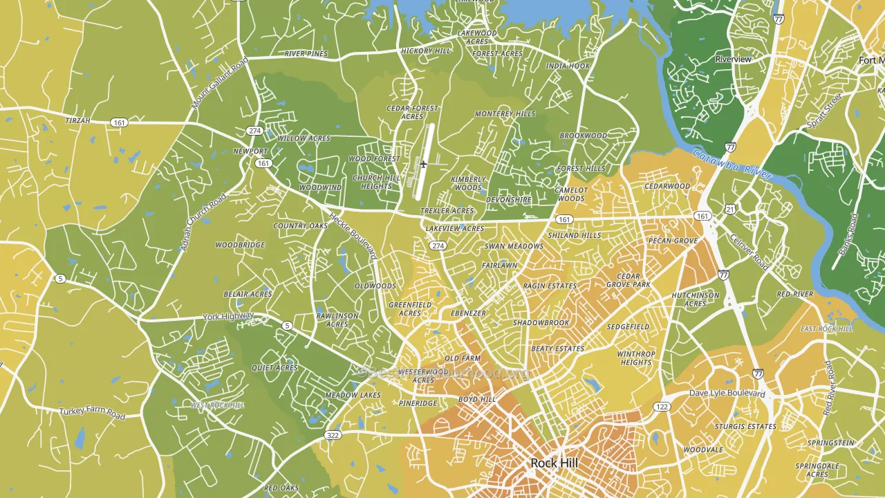 Map of the best neighborhoods in the 29732 area, with better matches in green and worse matches in red