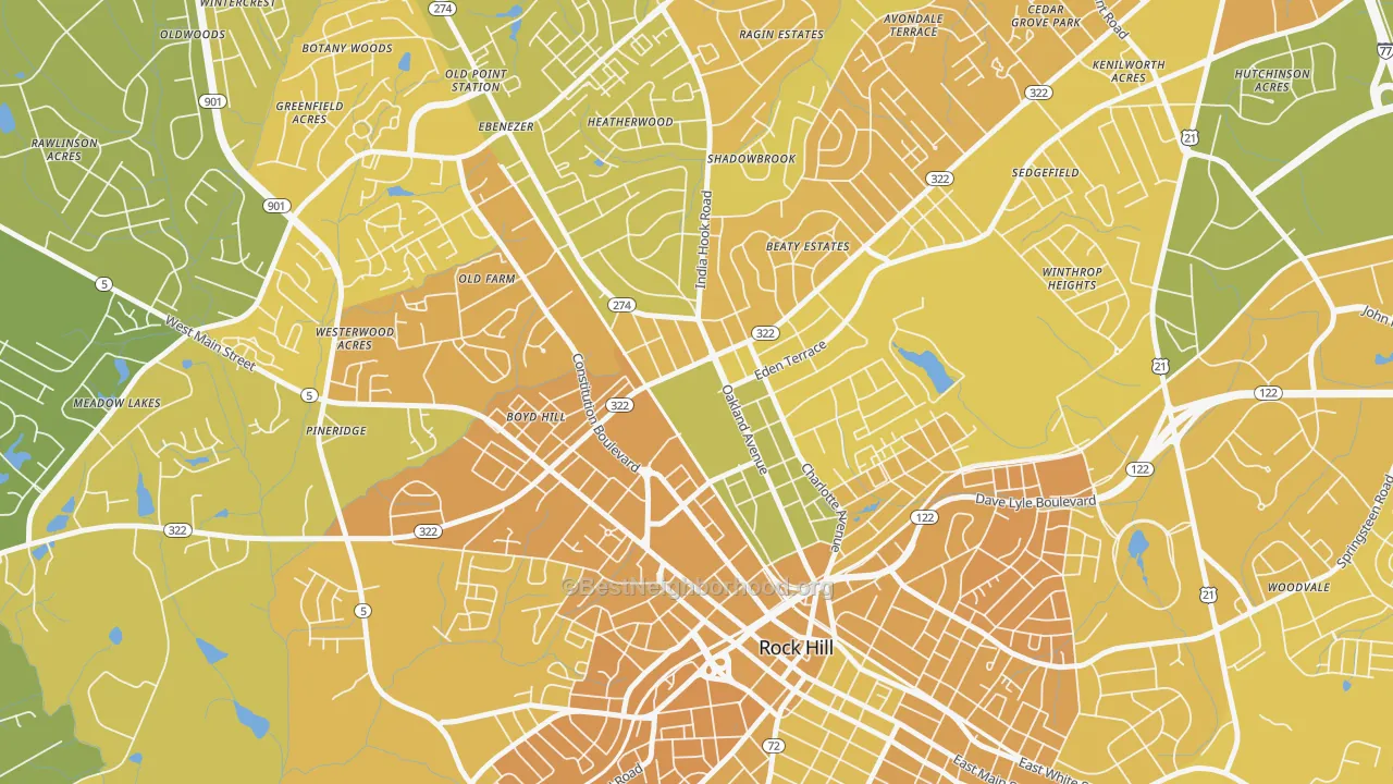 Map of the best neighborhoods in the 29733 area, with better matches in green and worse matches in red