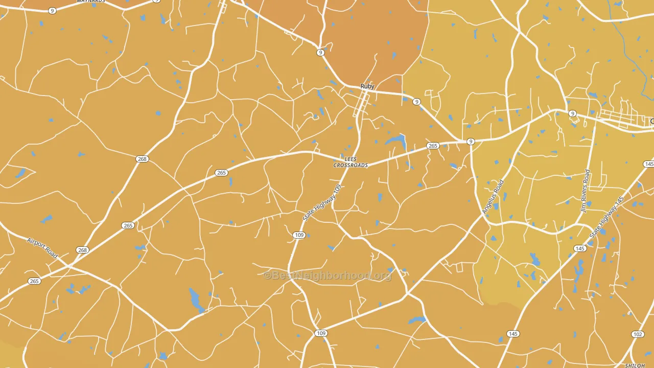 Map of the best neighborhoods in the 29741 area, with better matches in green and worse matches in red