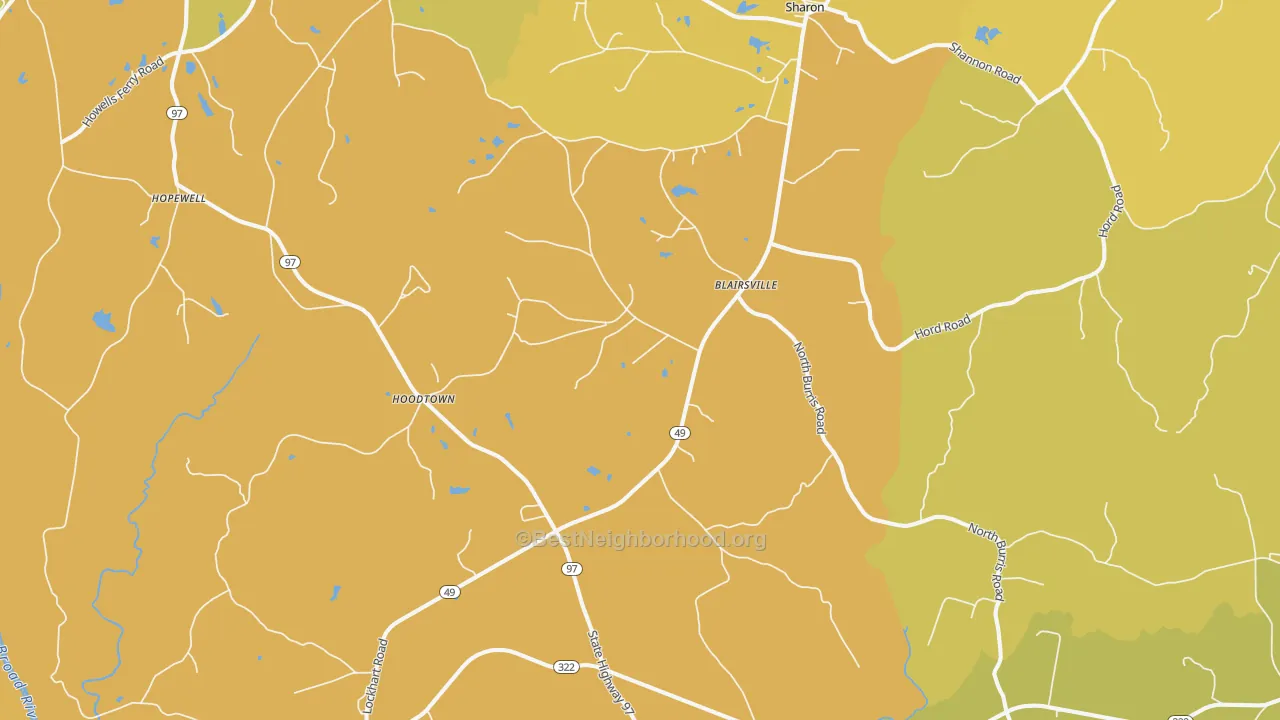 Map of the best neighborhoods in the 29742 area, with better matches in green and worse matches in red