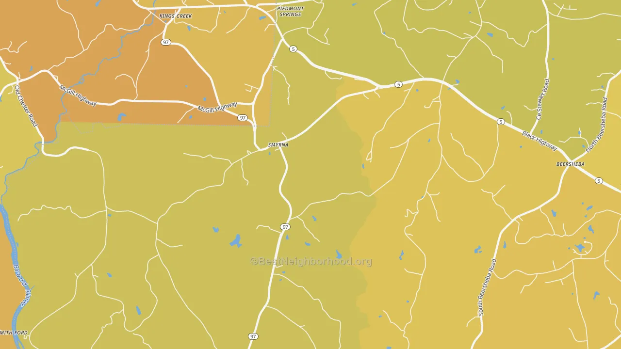 Map of the best neighborhoods in the 29743 area, with better matches in green and worse matches in red