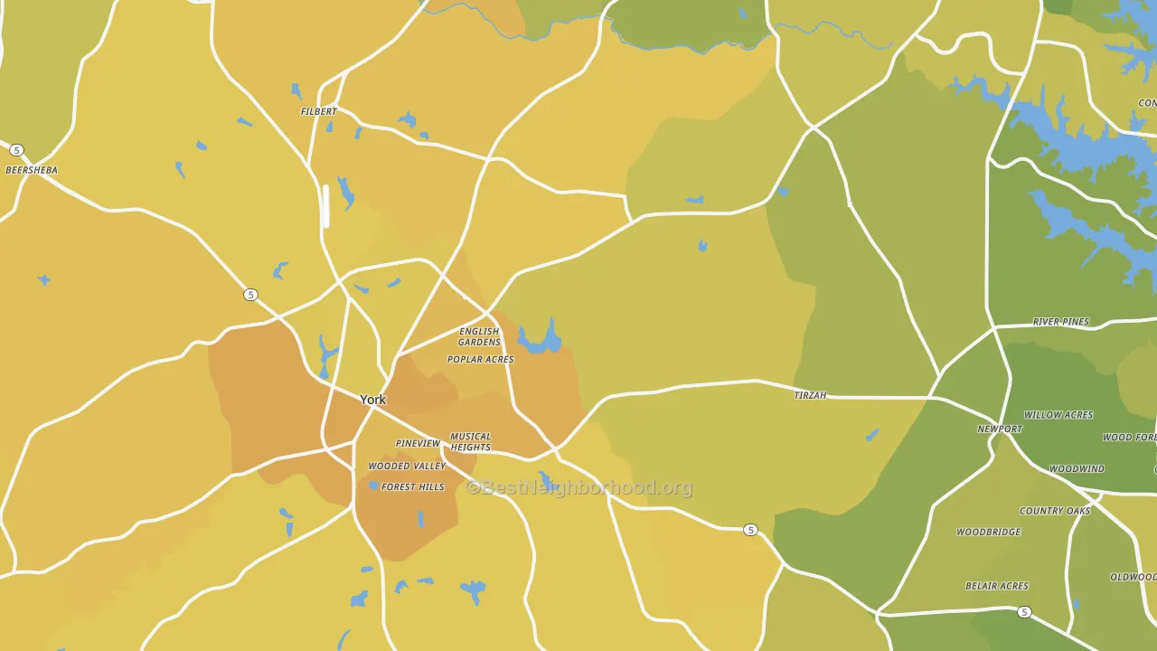 Map of the best neighborhoods in the 29745 area, with better matches in green and worse matches in red