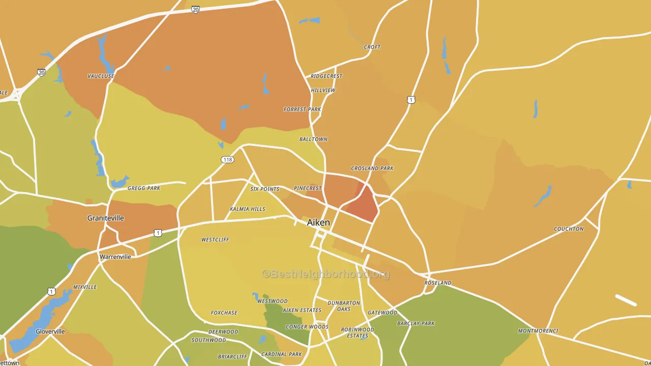 Map of the best neighborhoods in the 29801 area, with better matches in green and worse matches in red