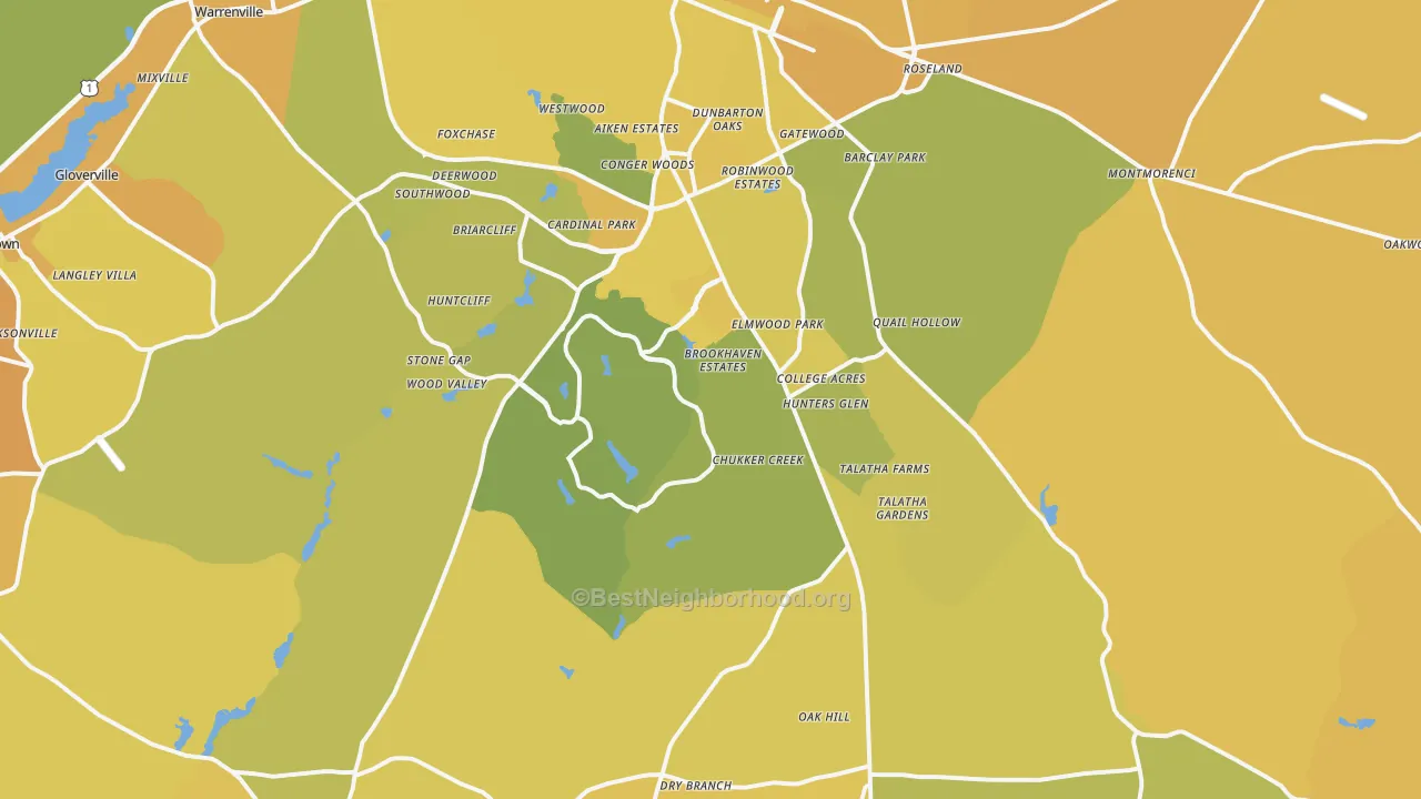 Map of the best neighborhoods in the 29803 area, with better matches in green and worse matches in red