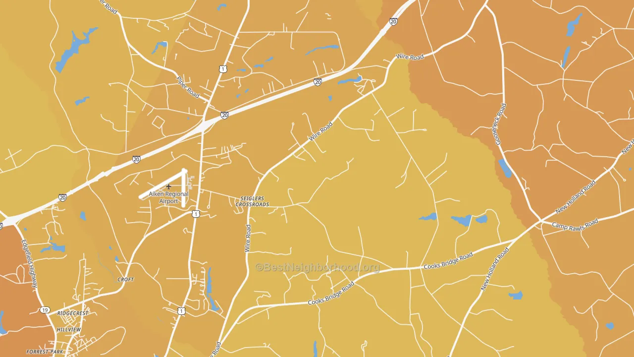 Map of the best neighborhoods in the 29805 area, with better matches in green and worse matches in red