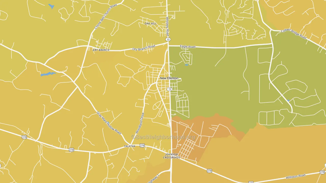 Map of the best neighborhoods in the 29809 area, with better matches in green and worse matches in red