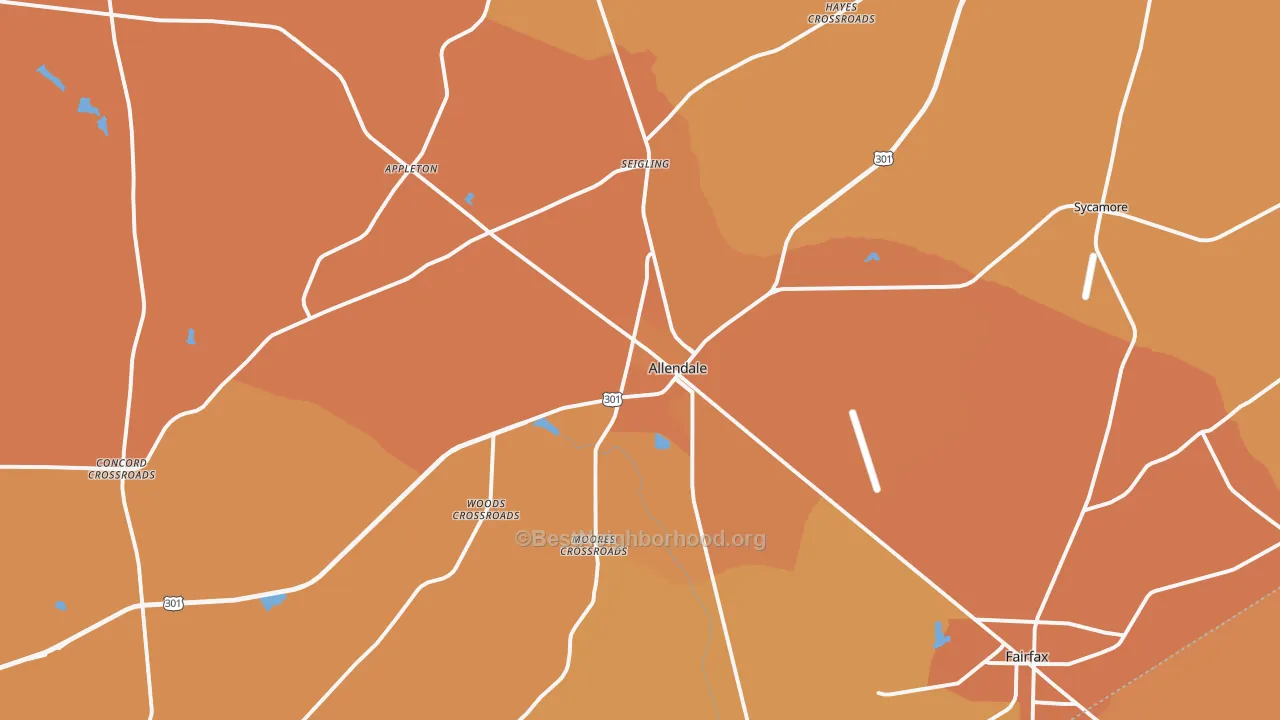 Map of the best neighborhoods in the 29810 area, with better matches in green and worse matches in red