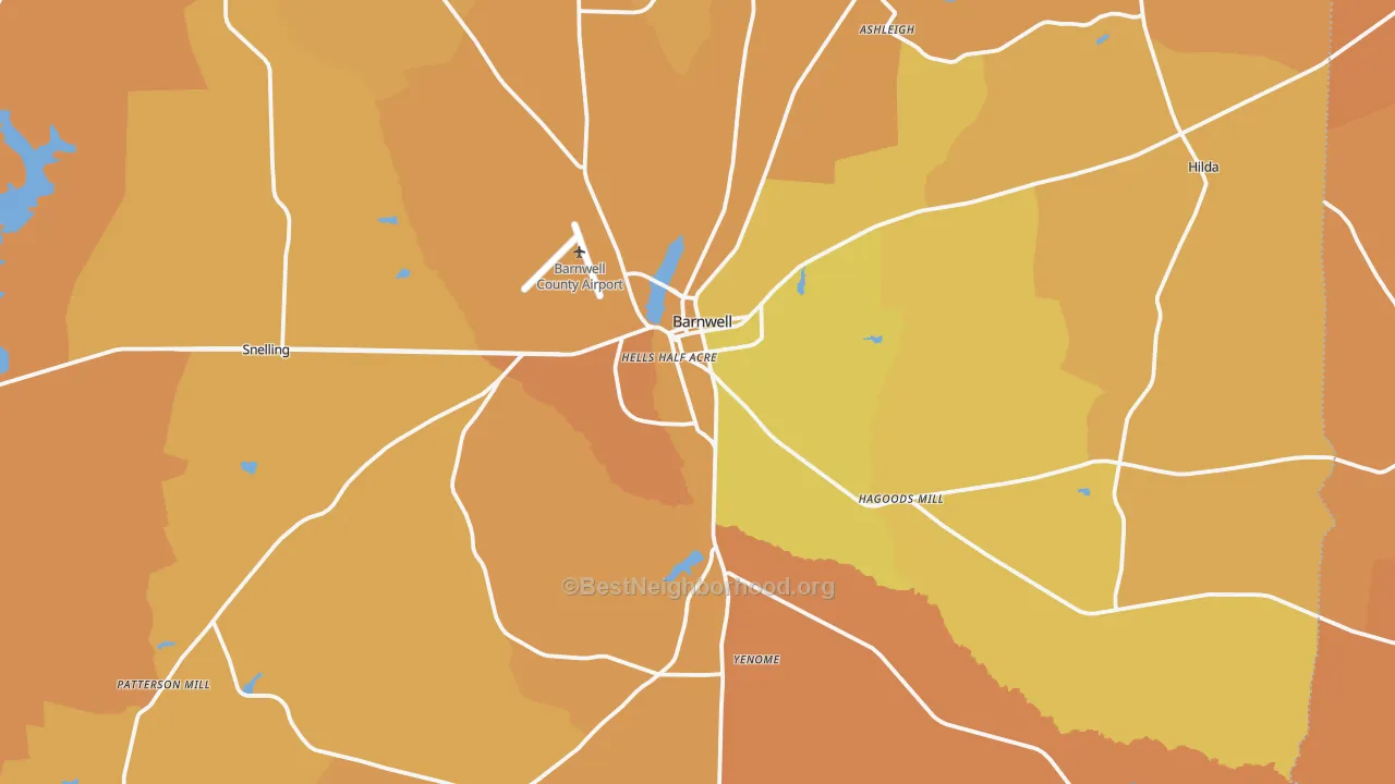 Map of the best neighborhoods in the 29812 area, with better matches in green and worse matches in red