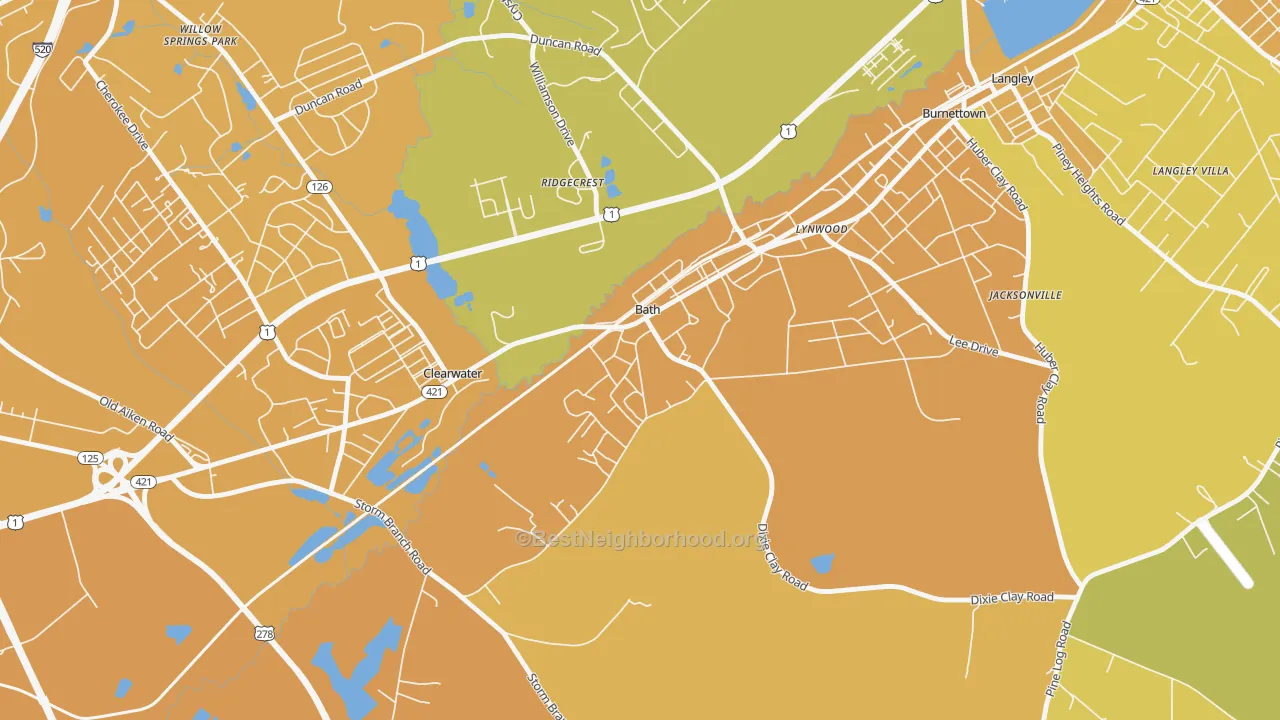 Map of the best neighborhoods in the 29816 area, with better matches in green and worse matches in red