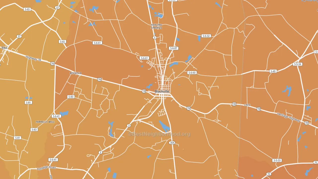 Map of the best neighborhoods in the 29817 area, with better matches in green and worse matches in red