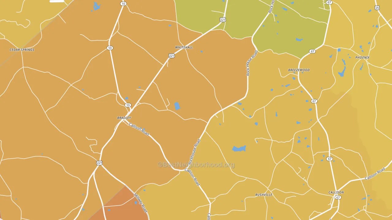 Map of the best neighborhoods in the 29819 area, with better matches in green and worse matches in red