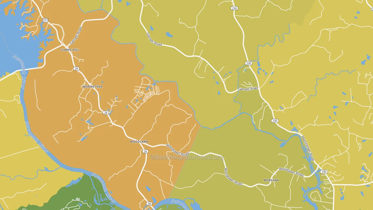 Map of the best neighborhoods in the 29821 area, with better matches in green and worse matches in red