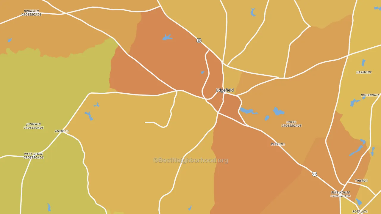 Map of the best neighborhoods in the 29824 area, with better matches in green and worse matches in red