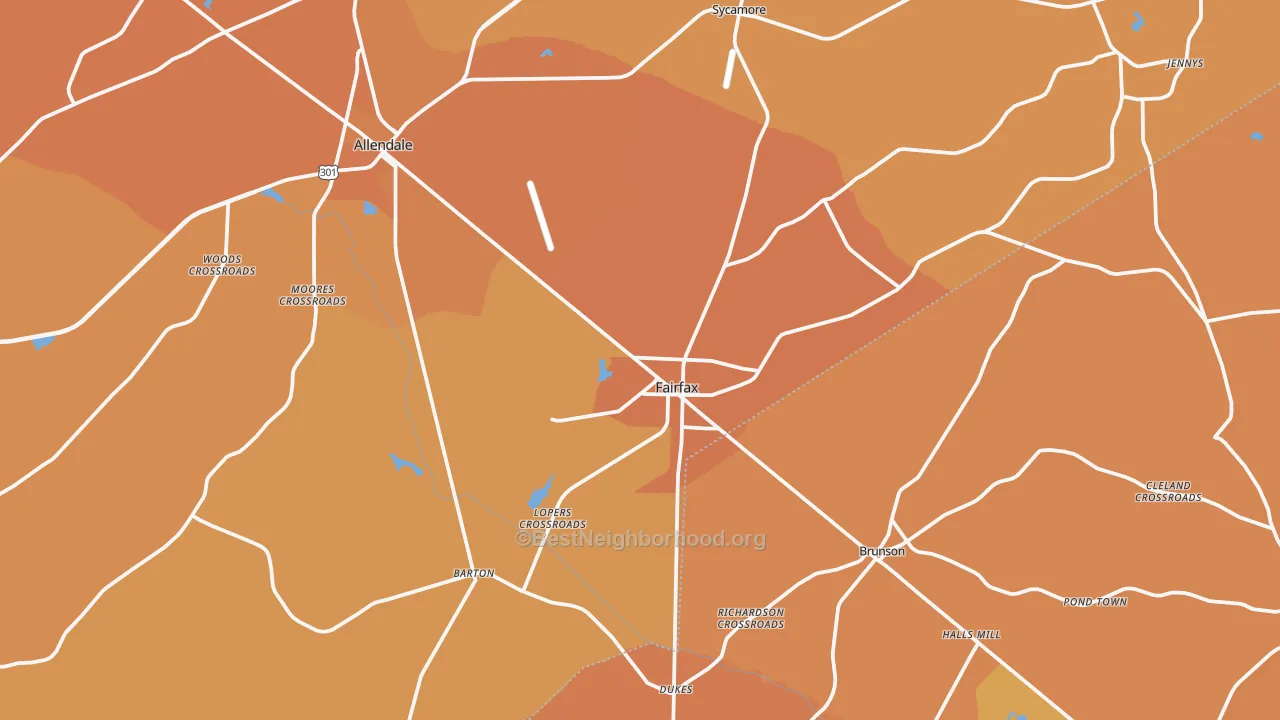 Map of the best neighborhoods in the 29827 area, with better matches in green and worse matches in red