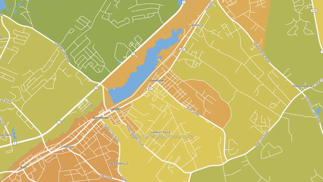 Map of the best neighborhoods in the 29828 area, with better matches in green and worse matches in red