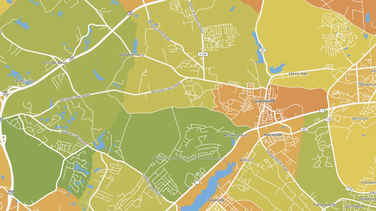 Map of the best neighborhoods in the 29829 area, with better matches in green and worse matches in red