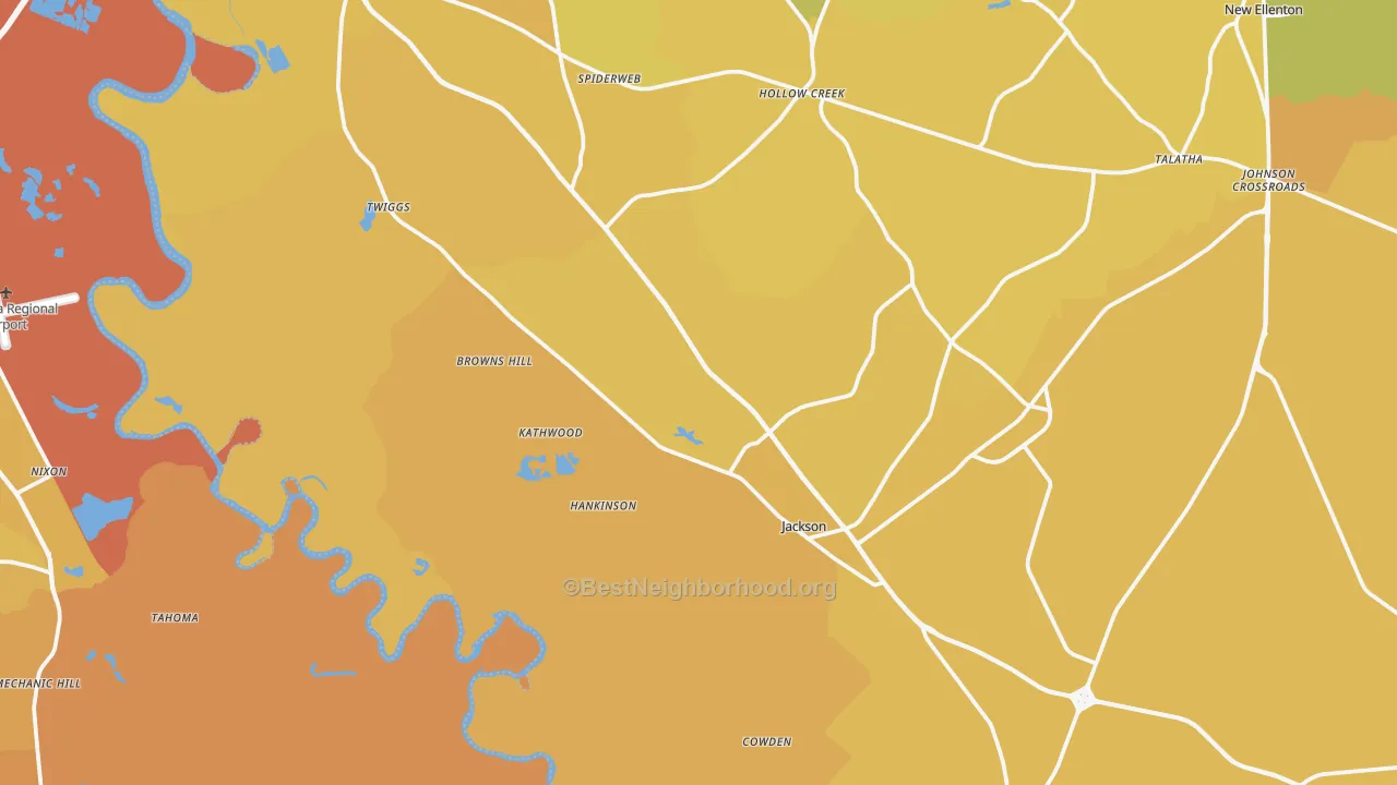 Map of the best neighborhoods in the 29831 area, with better matches in green and worse matches in red