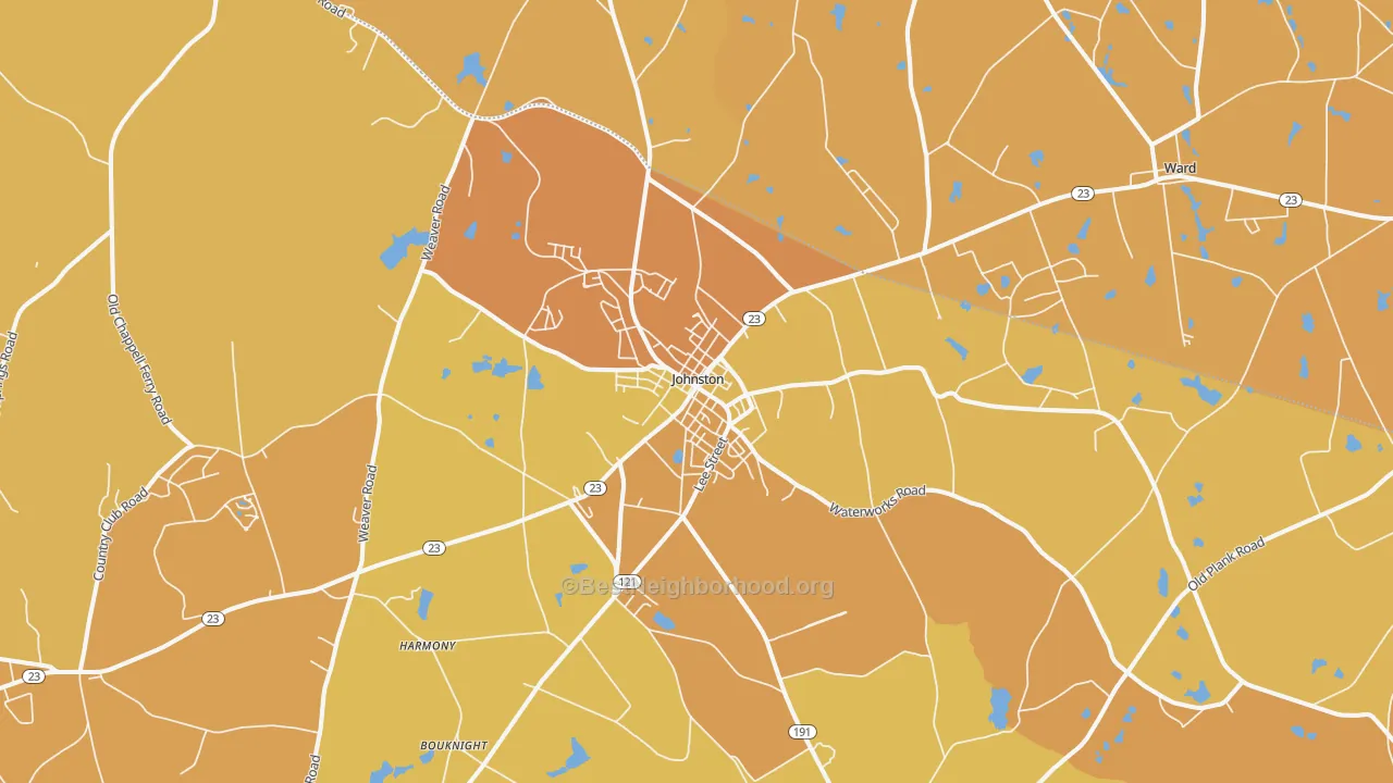 Map of the best neighborhoods in the 29832 area, with better matches in green and worse matches in red