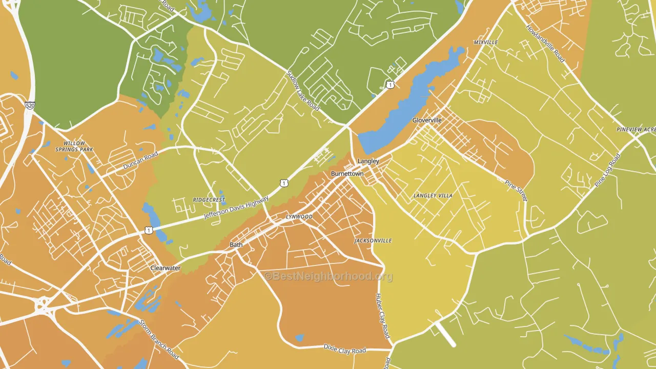 Map of the best neighborhoods in the 29834 area, with better matches in green and worse matches in red