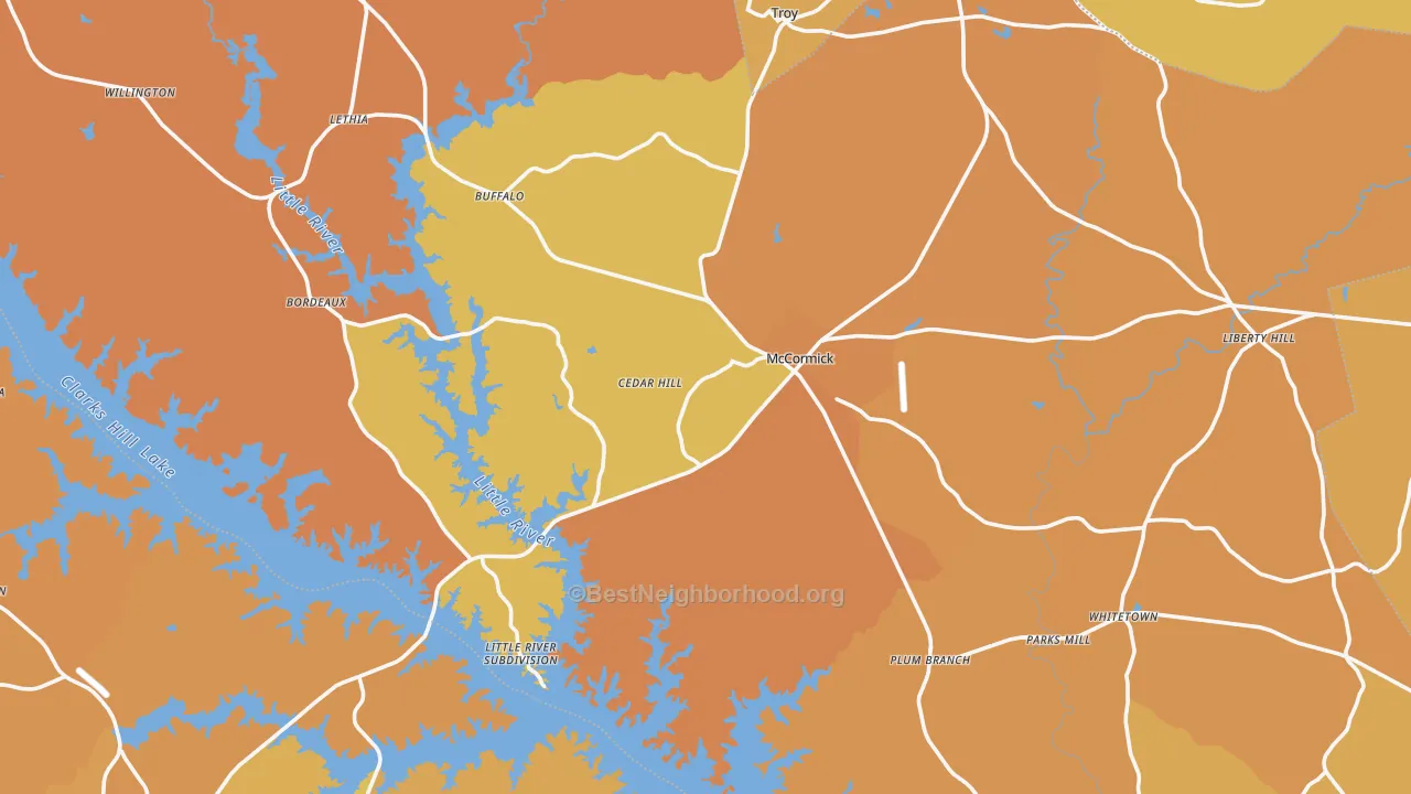 Map of the best neighborhoods in the 29835 area, with better matches in green and worse matches in red