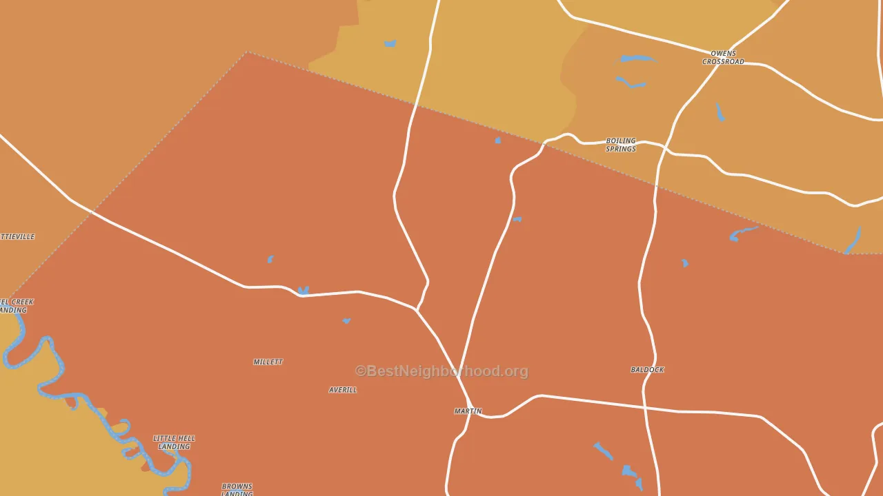 Map of the best neighborhoods in the 29836 area, with better matches in green and worse matches in red