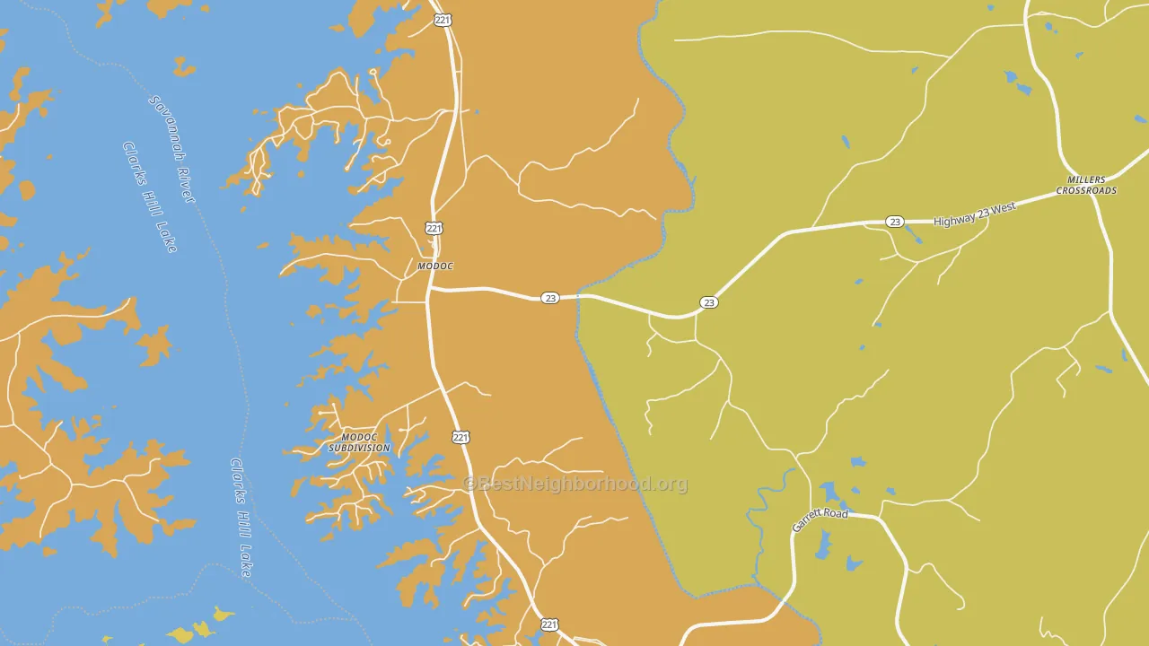 Map of the best neighborhoods in the 29838 area, with better matches in green and worse matches in red