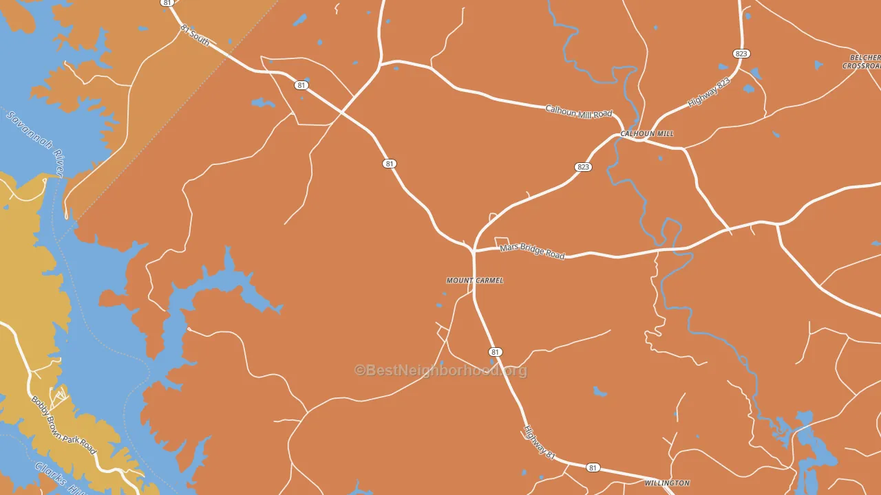 Map of the best neighborhoods in the 29840 area, with better matches in green and worse matches in red