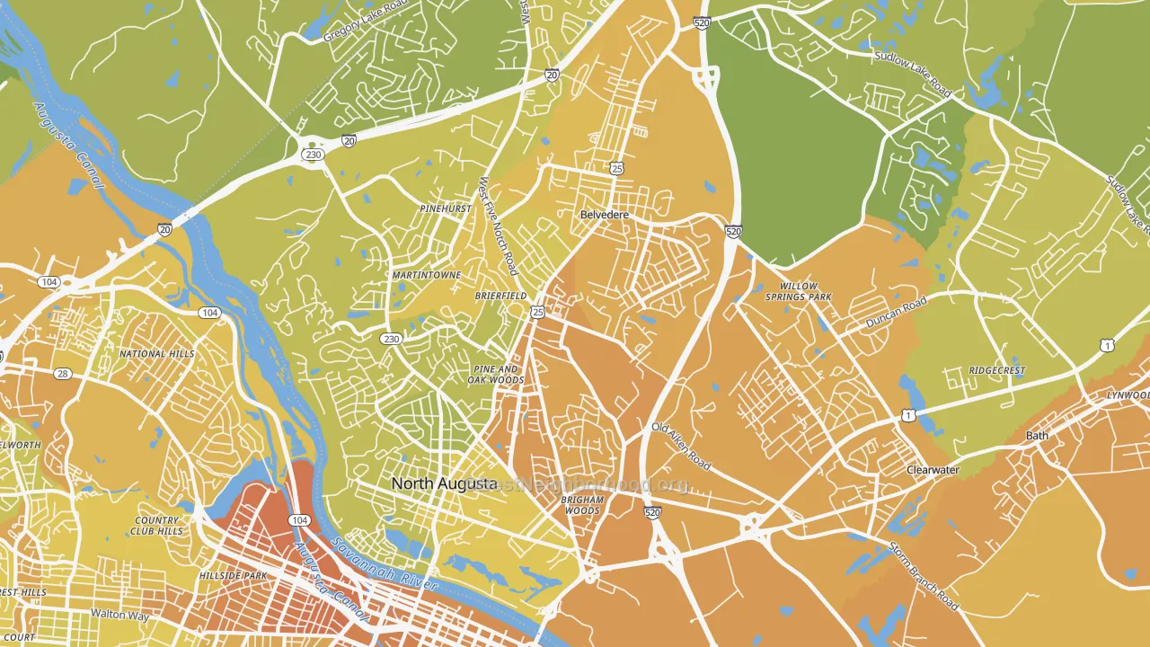Map of the best neighborhoods in the 29841 area, with better matches in green and worse matches in red