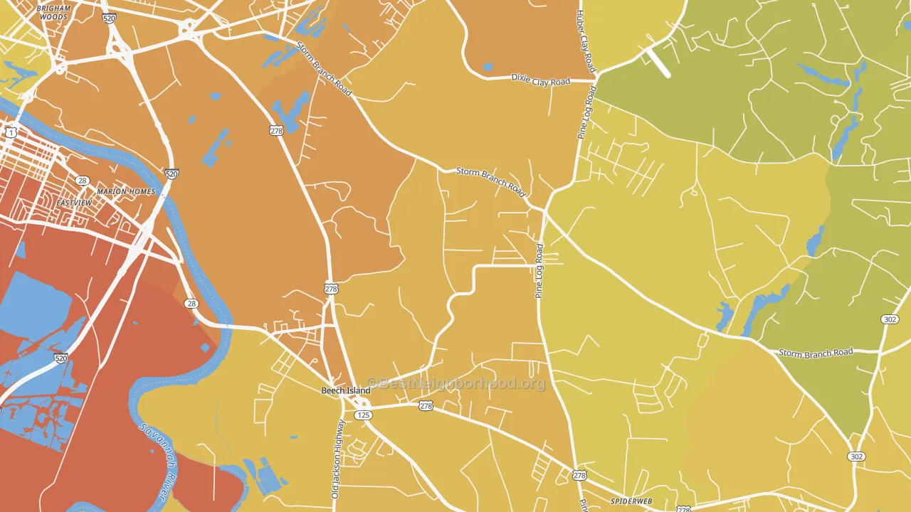 Map of the best neighborhoods in the 29842 area, with better matches in green and worse matches in red