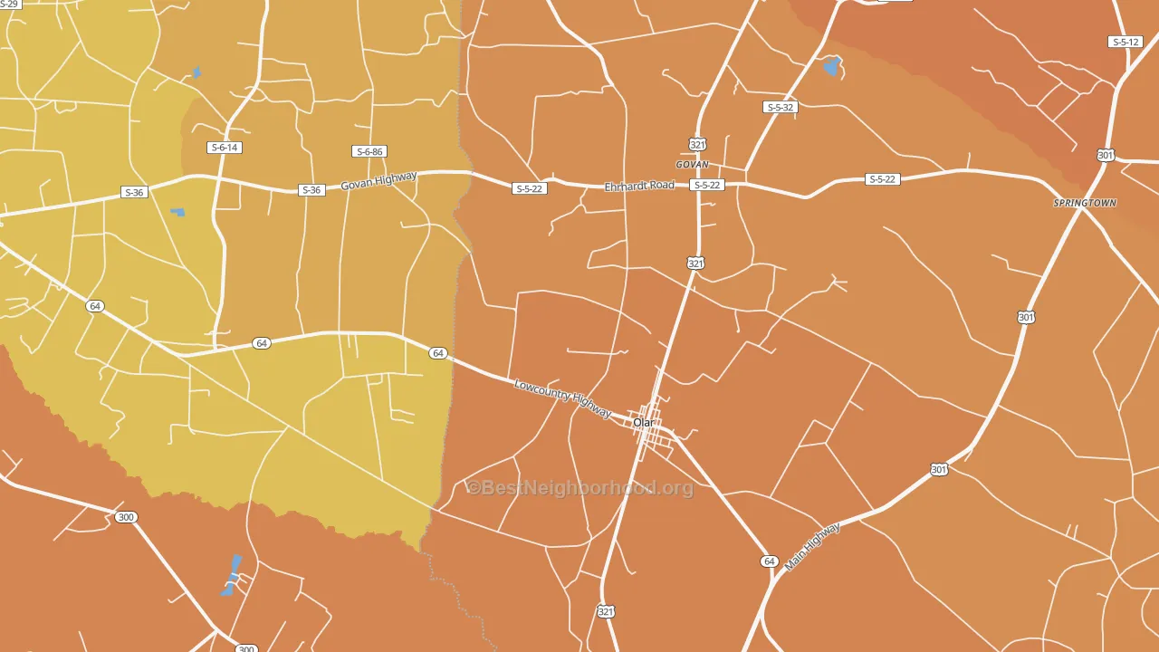 Map of the best neighborhoods in the 29843 area, with better matches in green and worse matches in red