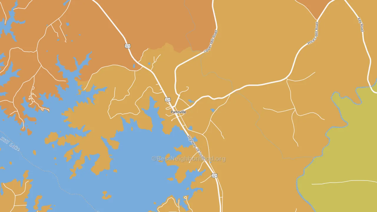 Map of the best neighborhoods in the 29844 area, with better matches in green and worse matches in red